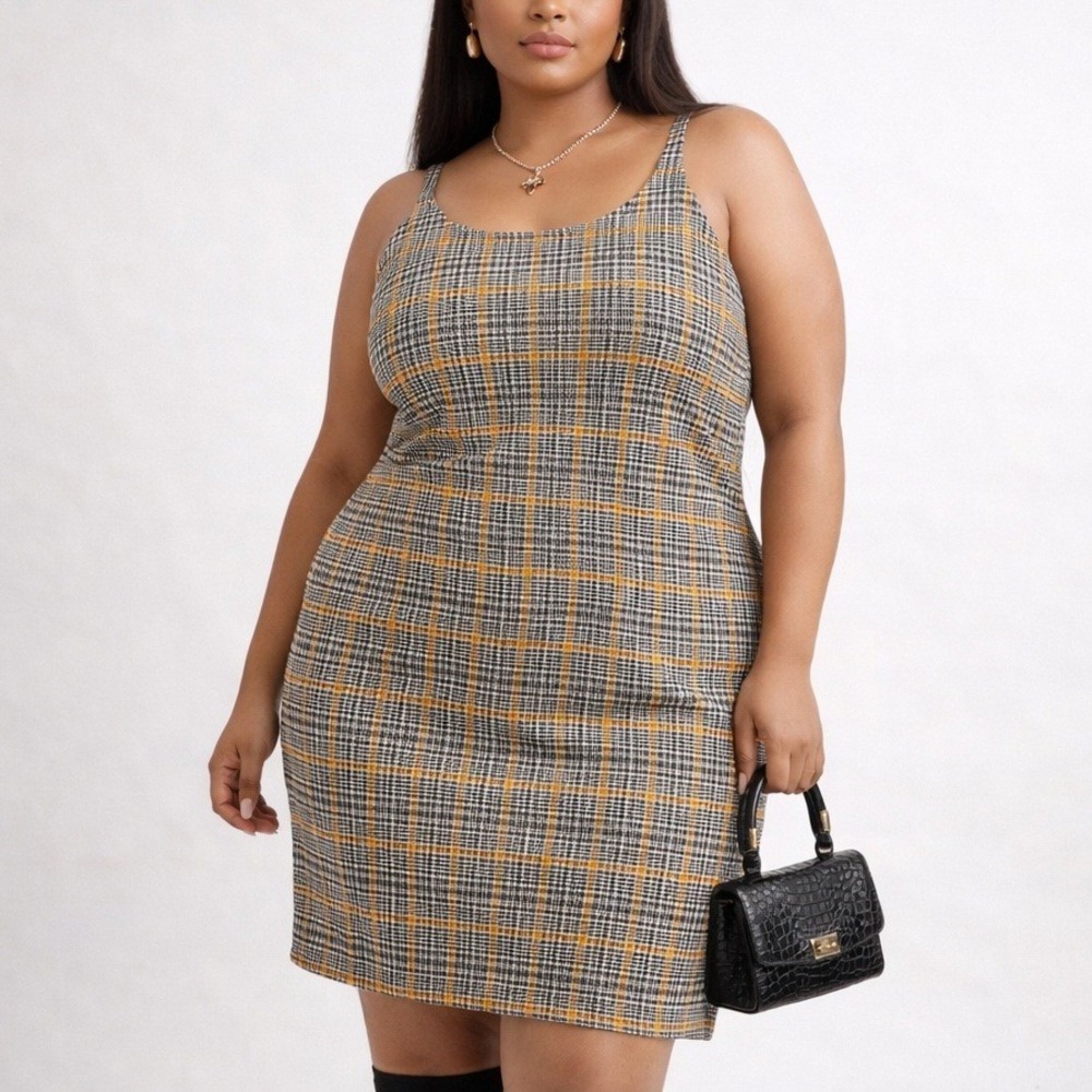 Baby Phat 2X Y2K Glen Plaid Shift Dress Stretch Sleeveless 2000s Preppy Academic